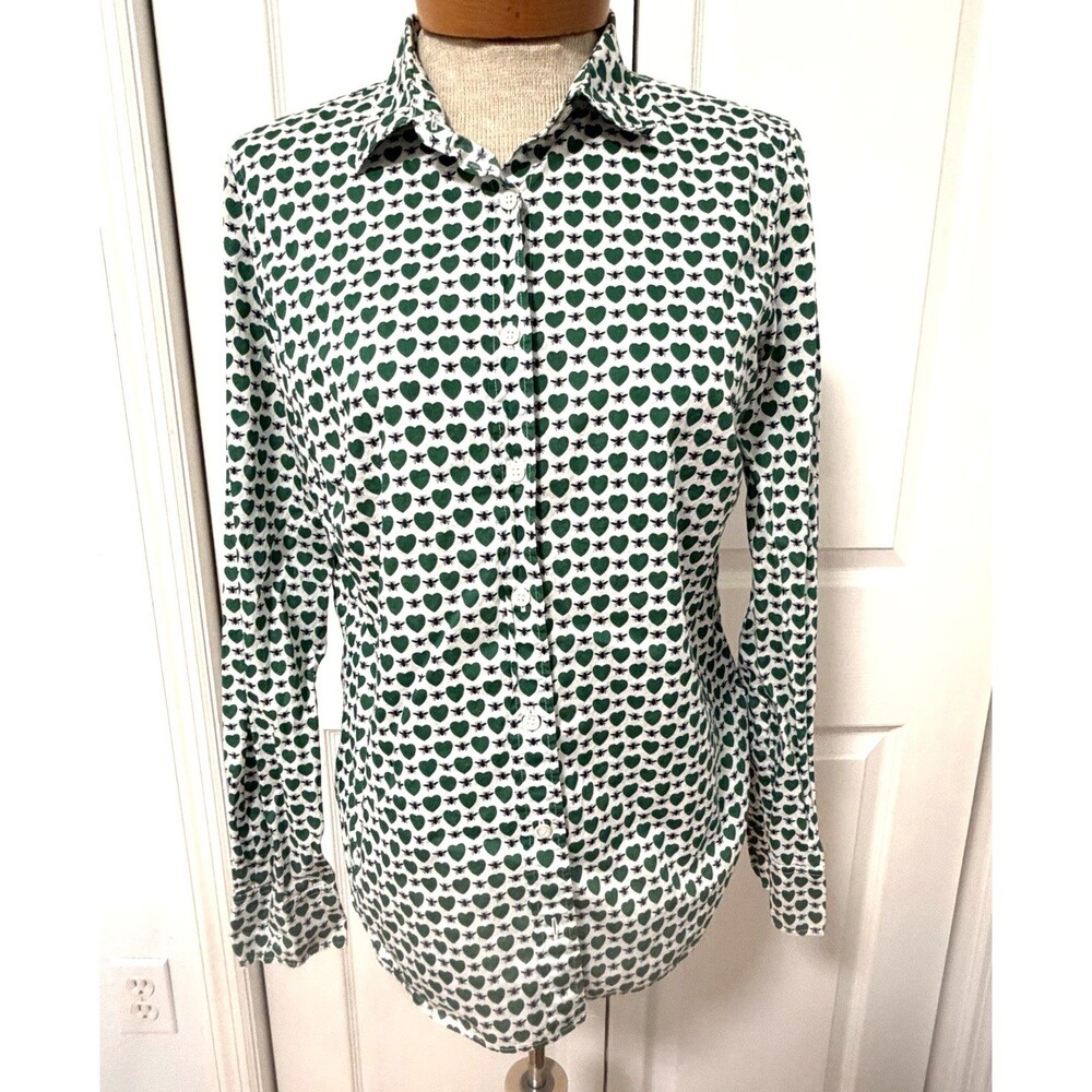 J.CREW Women's Long Sleeve Perfect Shirt Honeypie Print Sz 8 Green Hearts Bees